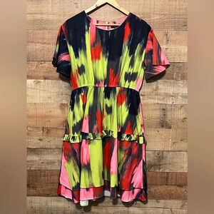 🌻 N by Nancy Ruffled Tiered Colorful Dress Women’s size Large Artsy Party